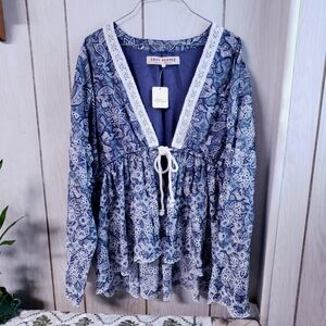 Free People Floral Anissa Bed Jacket Scalloped Hem Front Tie Blue White Size XL